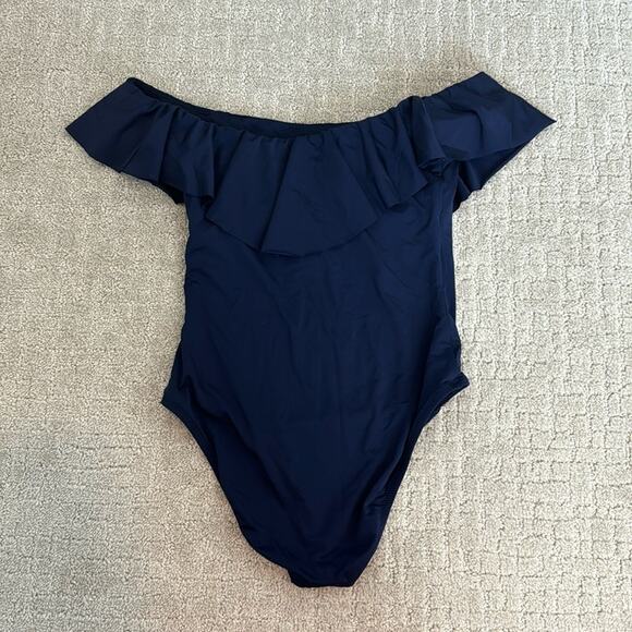 Trina Turk navy blue off shoulder ruffle one piece swimsuit modest full coverage - Picture 6 of 10